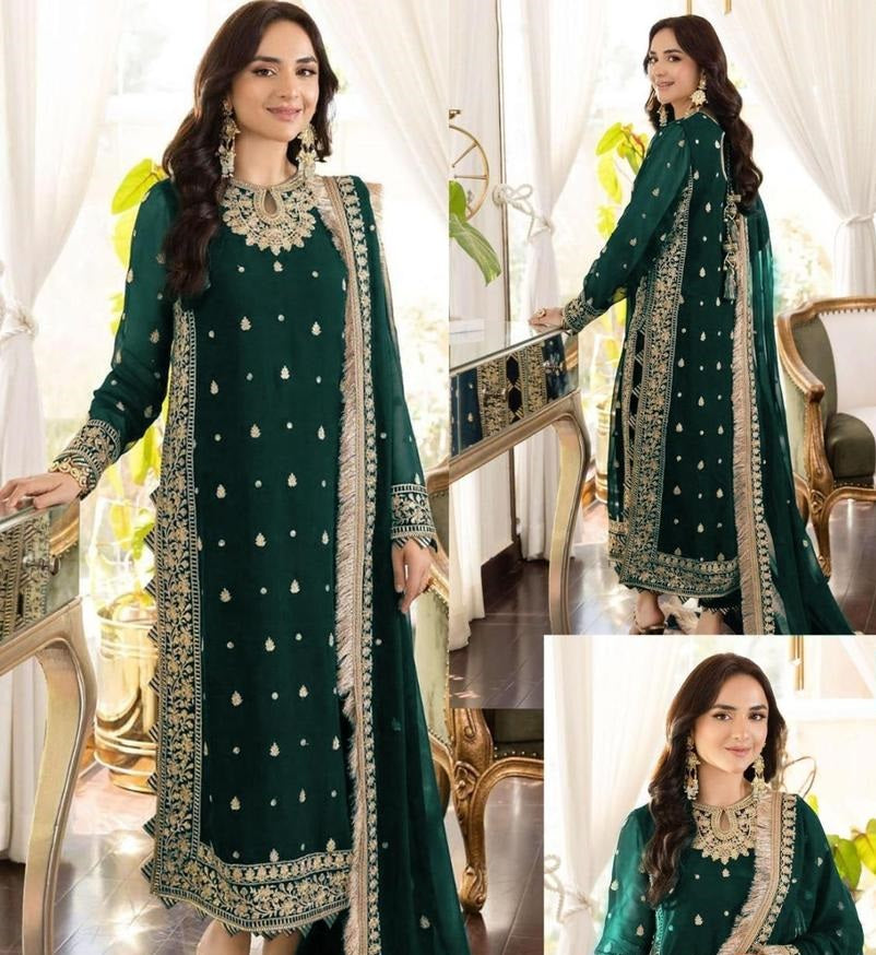 3 Pcs Women’s Stitched Crinkle Chiffon Embroidered Suit – Green | Elegant Formal Wear