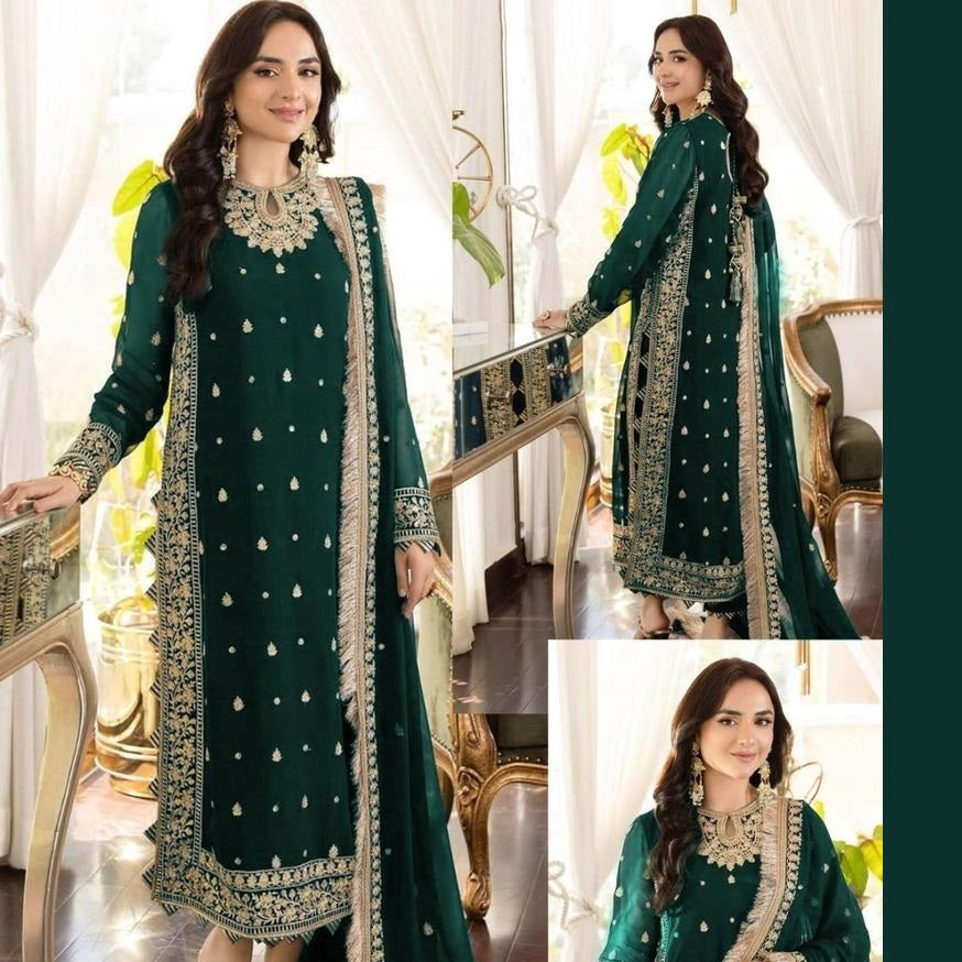 3 Pcs Women’s Stitched Crinkle Chiffon Embroidered Suit – Green | Elegant Formal Wear