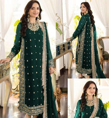3 Pcs Women’s Stitched Crinkle Chiffon Embroidered Suit – Green | Elegant Formal Wear
