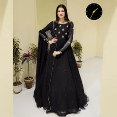 3 Pcs Women's Stitched Chiffon Embroidered Maxi Suit – Elegant Black Party Wear Dress | China Market Rawalpindi