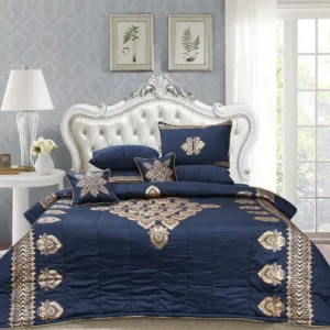 8 Pcs Bridal Bed Sheet Comforter Set Cotton Sateen Block Printed – Blue