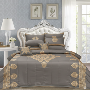 8 Pcs Bridal Bed Sheet Comforter Set Cotton Sateen Block Printed – Grey