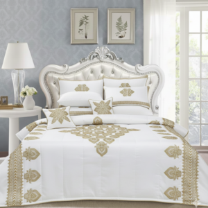 8 Pcs Bridal Bed Sheet Comforter Set Cotton Sateen Block Printed – White