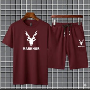 2 Pcs Men's Dark Red Color Polyester Printed T-Shirt & Shorts Tracksuit
