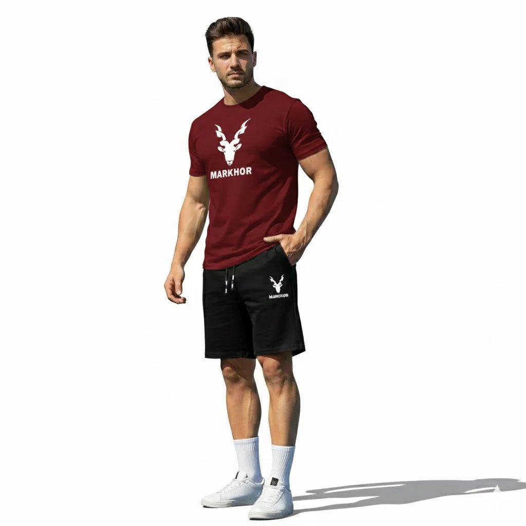 2 Pcs Men's Dark Red Color Polyester Printed T-Shirt & Shorts Tracksuit - Image 2