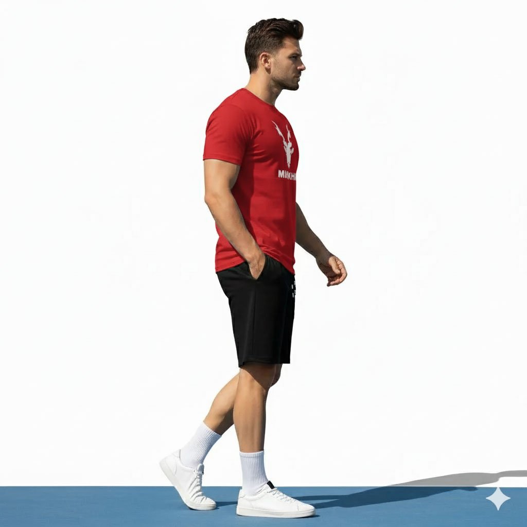 2 Pcs Men's Dark Red Color Polyester Printed T-Shirt & Shorts Tracksuit - Image 4