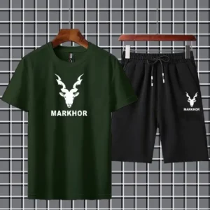 2 Pcs Men's Green Color Polyester Printed T-Shirt & Shorts Tracksuit