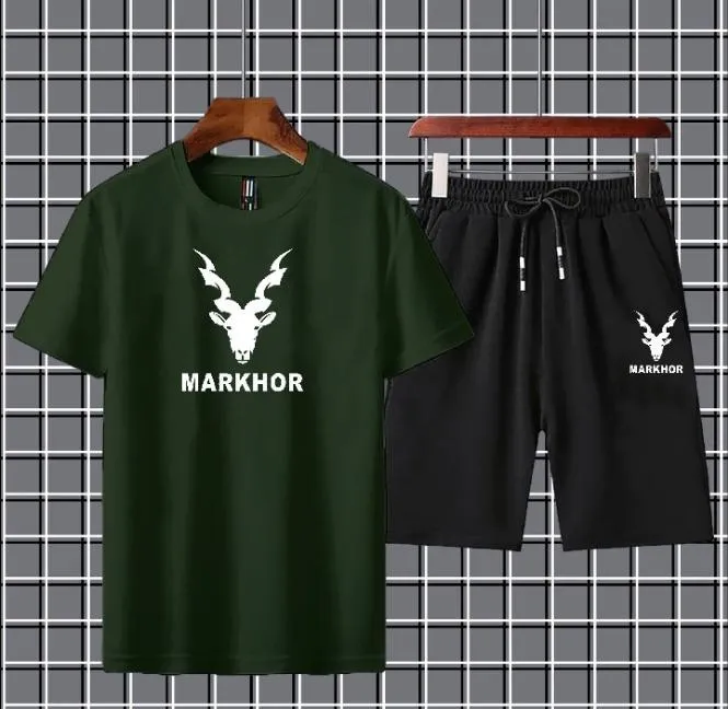 2 Pcs Men's Green Color Polyester Printed T-Shirt & Shorts Tracksuit