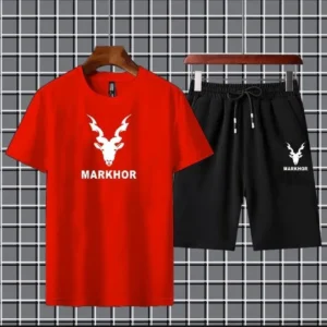 2 Pcs Men's Red Color Polyester Printed T-Shirt & Shorts Tracksuit