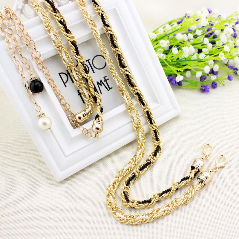Women Pearl Waist Chain Black Gold Fashion Belt
