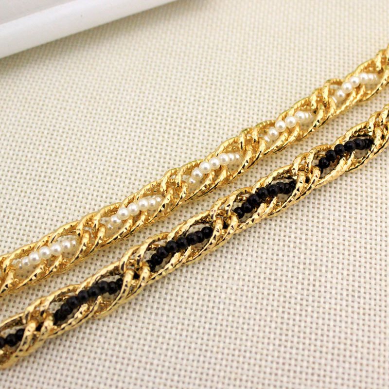 Women Pearl Waist Chain Black Gold Fashion Belt - Image 3