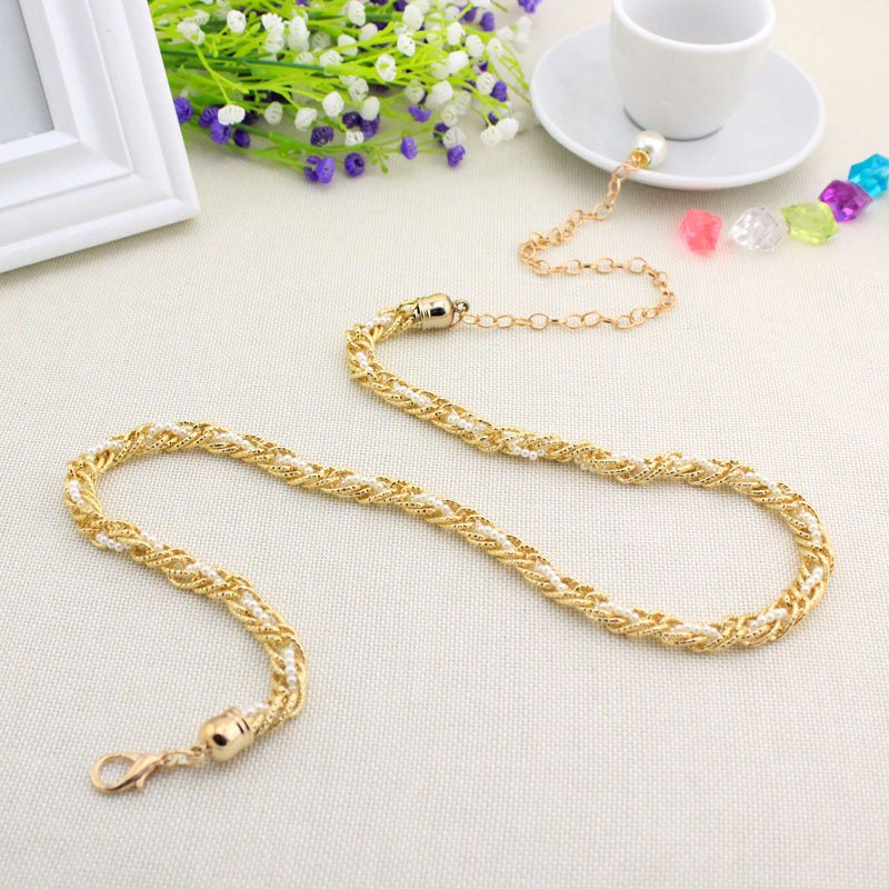 Women Pearl Waist Chain Black Gold Fashion Belt - Image 5