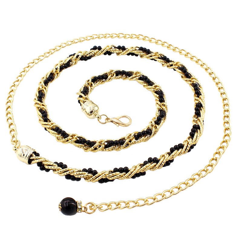 Women Pearl Waist Chain Black Gold Fashion Belt - Image 6