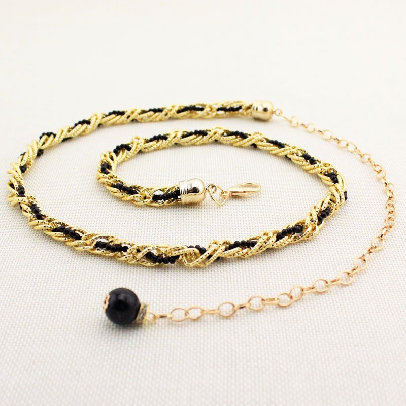 Women Pearl Waist Chain Black Gold Fashion Belt - Image 7