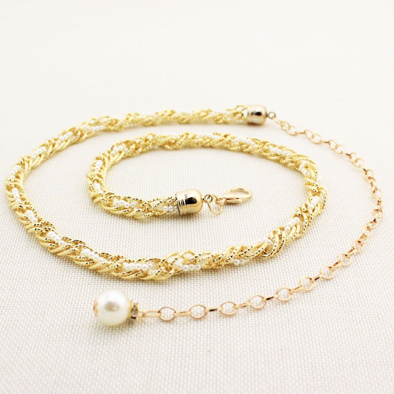 Women Pearl Waist Chain Black Gold Fashion Belt - Image 8