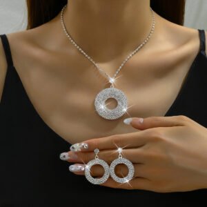 Silver Diamond Earrings Ring Necklace High Quality Set for Women