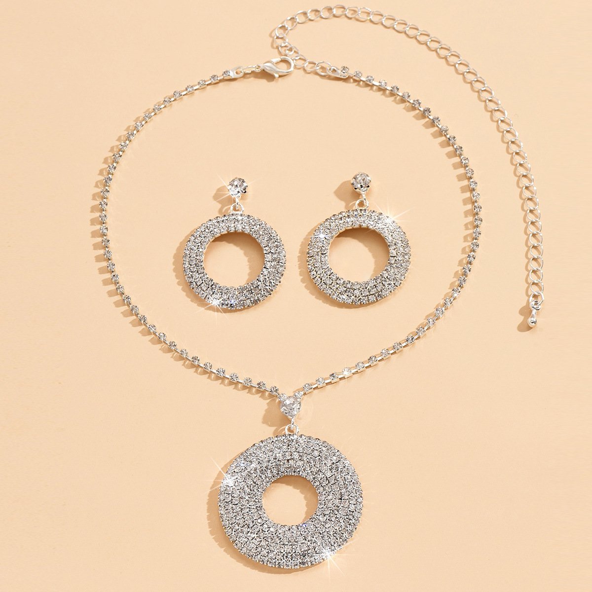 Silver Diamond Earrings Ring Necklace High Quality Set for Women - Image 3