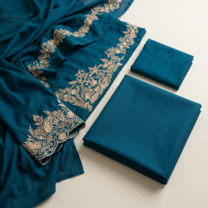 Unstitched Lawn Suit Blue Gold Embroidery for Bakra Eid