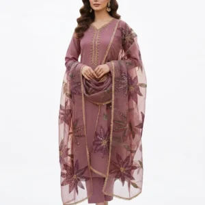 Premium Handmade Organza 3 Piece Suit with Heavy Beads & Stone Work