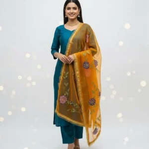3 Piece Silk Party Wear Suit Green Hand Painted Dupatta