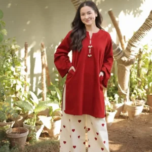 2 Pcs Women's Stitched Cotton Plain Shirt And Trouser Maroon Color