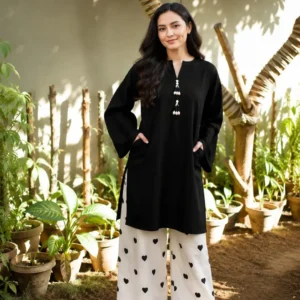 2 Pcs Women's Stitched Cotton Plain Shirt And Trouser Black Color