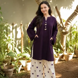 2 Pcs Women's Stitched Cotton Plain Shirt And Trouser Deep Purple