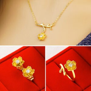 Women Gold-Plated Daisy Jewelry Set Necklace Ring Earrings