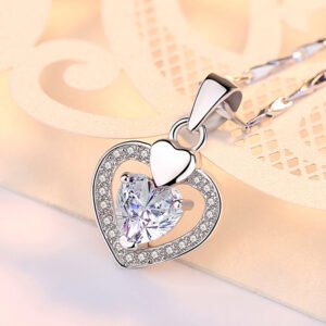 Sterling Silver Heart Pendant Necklace with Purple Diamond (HIGH QUALITY)