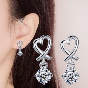 Heart Shaped Earrings with Sparkling Pendant 925 Silver